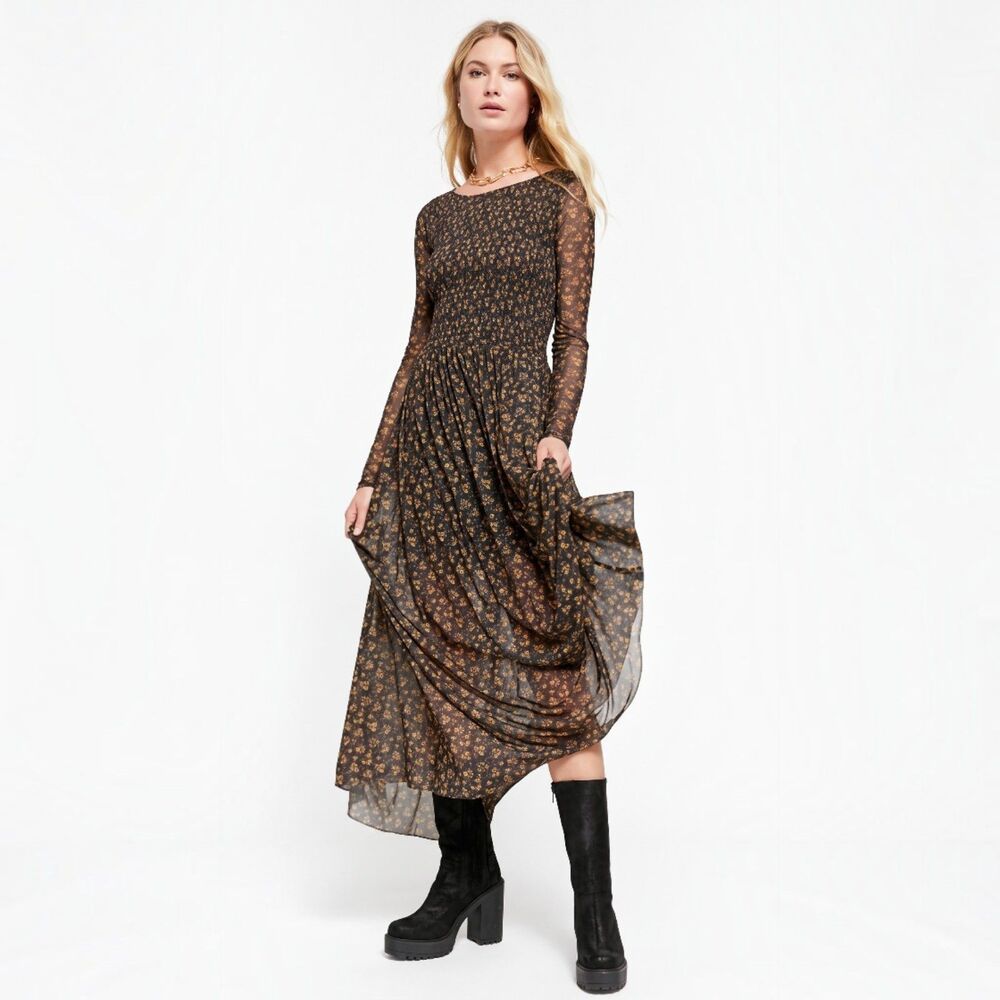 Free People Hello and Goodbye Mesh Black Floral Long Sleeve Maxi Dress S Cottage